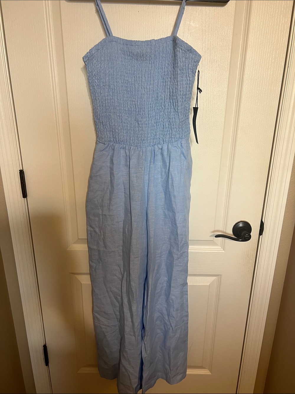 Saks Fifth Avenue Light Blue Smocked Bodice Wide-Leg Jumpsuit